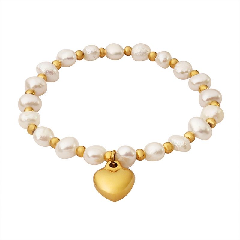 LUX JOYAS - Pulsera Baño Oro Amarillo 18k Perlas Agua Dulce Pelotitas Corazón