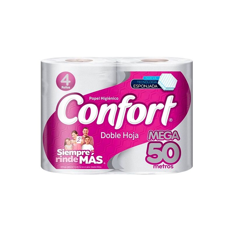 CONFORT - Papel Higiénico Confort Mega Doble Hoja 50 Metros 4 Rollos