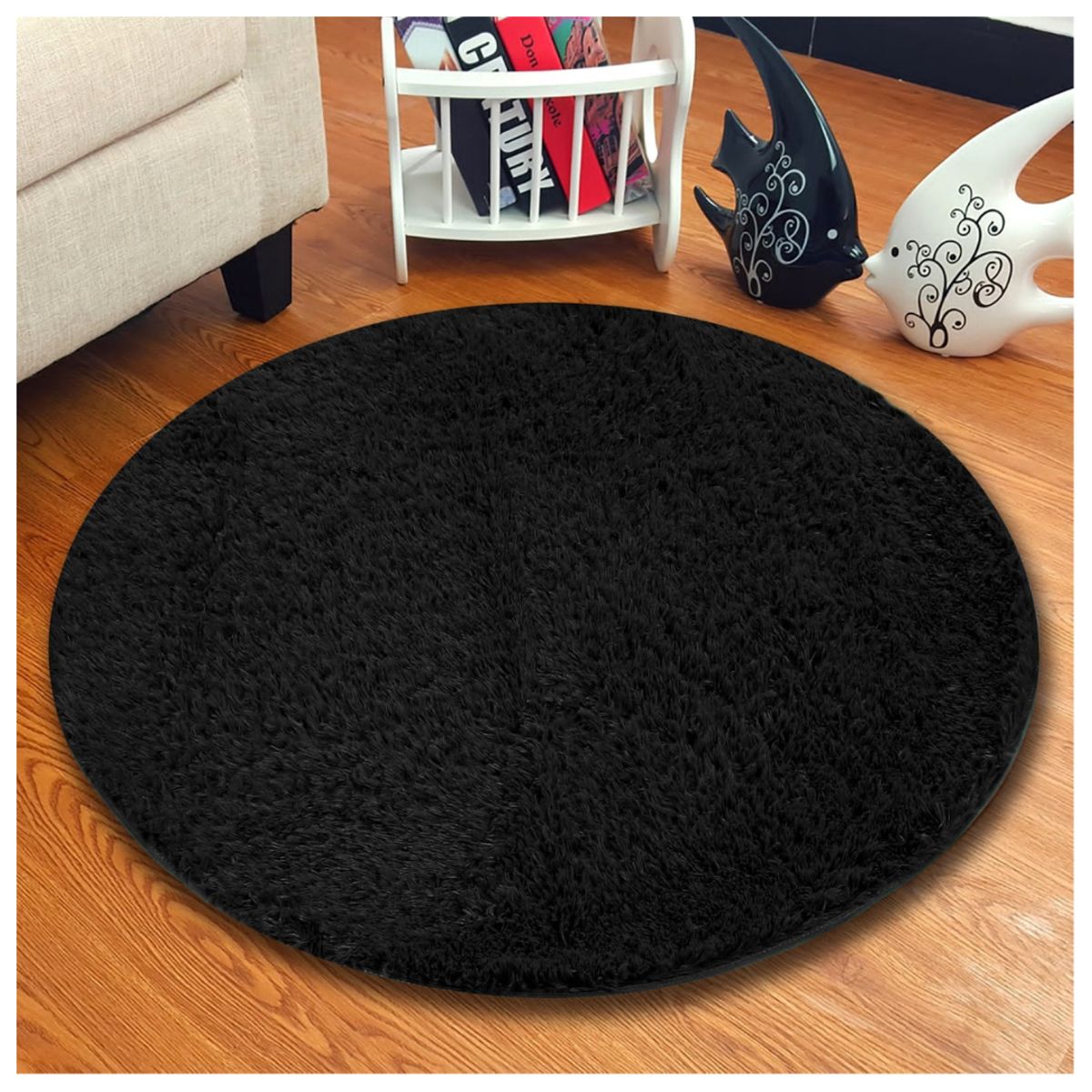 GENERICO - Alfombras Peludas Redondas Tipo Shaggy Para Living De 150cm Negro