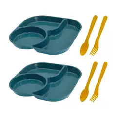 GENERICO - Set 2 Platos Con Divisiones + Cubiertos Para Niños Azul
