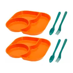 GENERICO - Set 2 Platos Con Divisiones + Cubiertos Para Niños Naranja