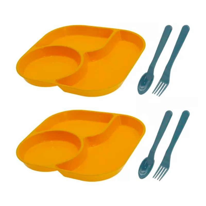 GENERICO - Set 2 Platos Con Divisiones + Cubiertos Para Niños Mostaza