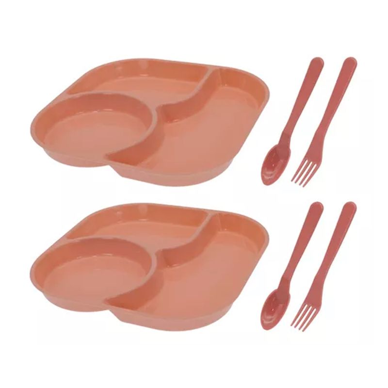 GENERICO - Set 2 Platos Con Divisiones + Cubiertos Para Niños Rosado