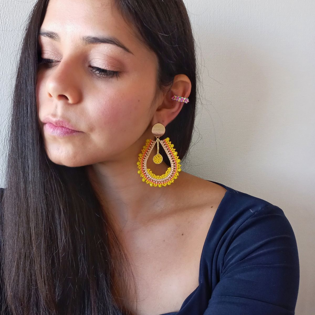 GENERICO - Aros Tejido Mostacilla Neida Color Amarillo