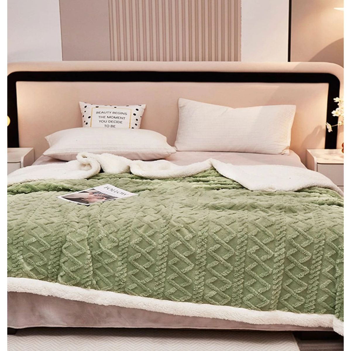 COMPRAPO - Frazada Manta Polar Sherpa Térmica 2 Plzs Trenzado Relieve Verde Olivo