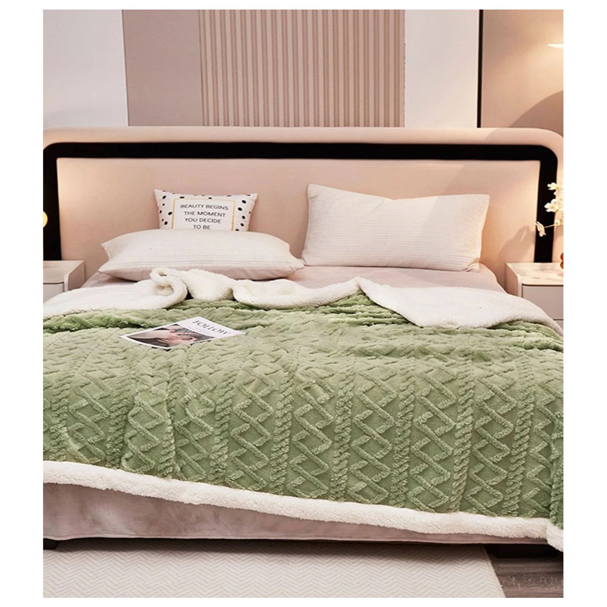 COMPRAPO - Frazada Manta Polar Sherpa Térmica 2 Plzs Trenzado Relieve Verde Olivo