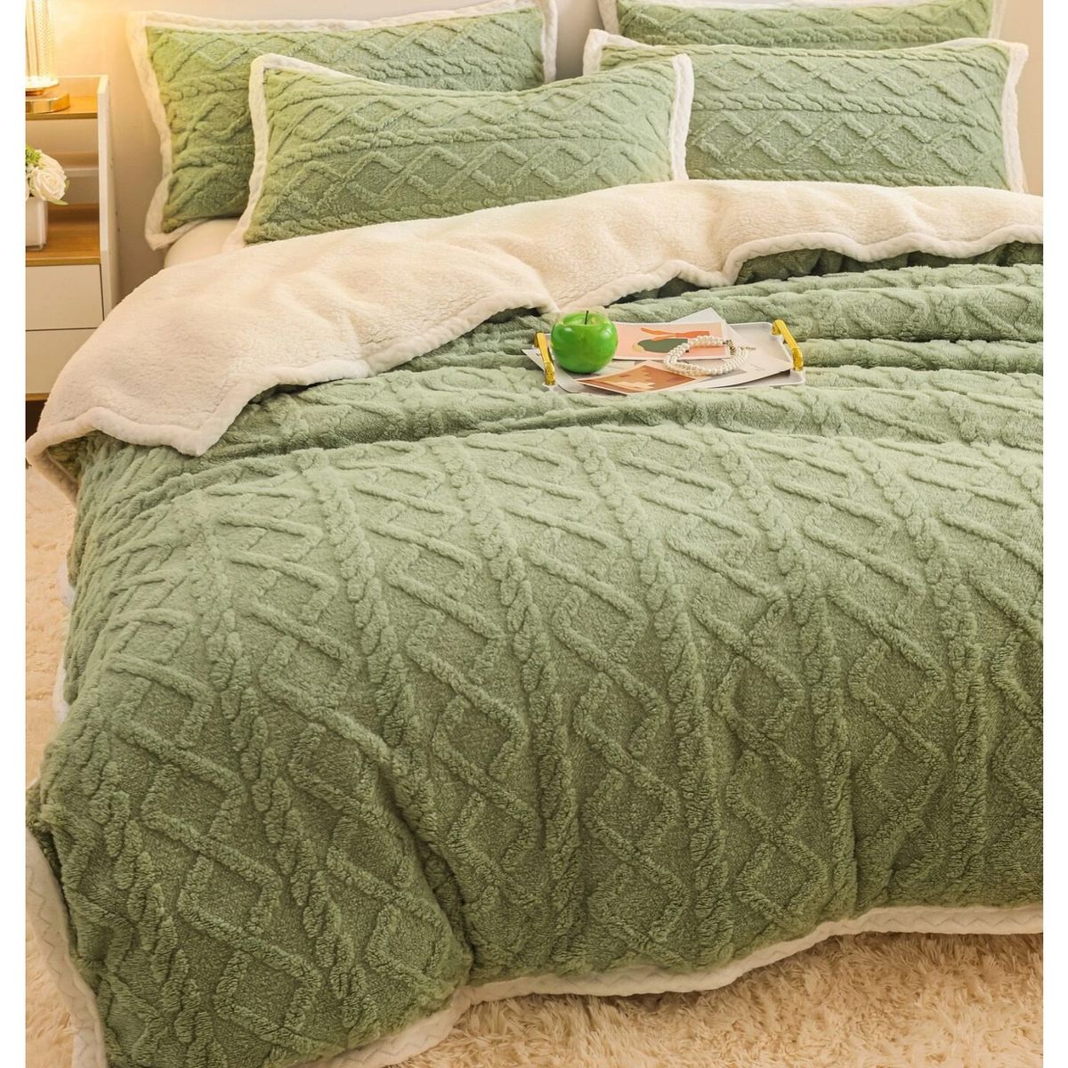 COMPRAPO - Frazada Manta Polar Sherpa Térmica 2 Plzs Trenzado Relieve Verde Olivo