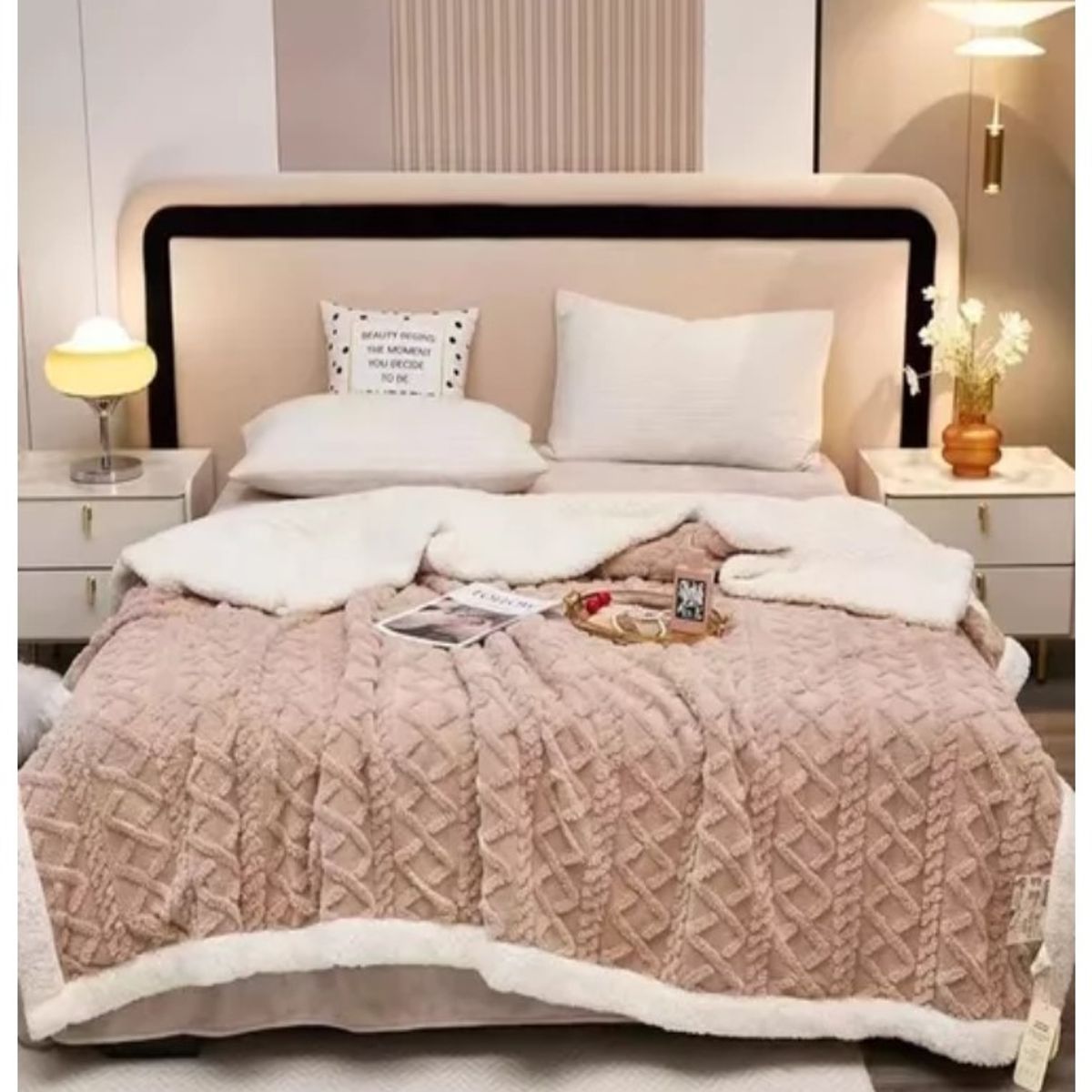 COMPRAPO - Frazada Manta Polar Sherpa Térmica 2 Plazas Trenzado Relieve Tostado