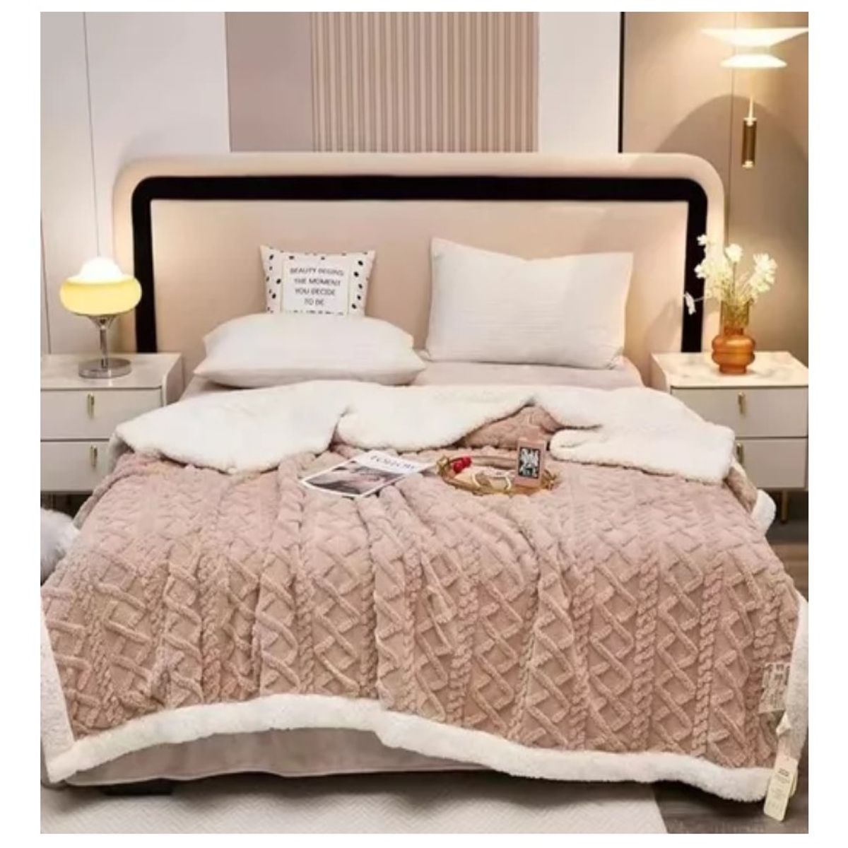 COMPRAPO - Frazada Manta Polar Sherpa Térmica 2 Plazas Trenzado Relieve Tostado