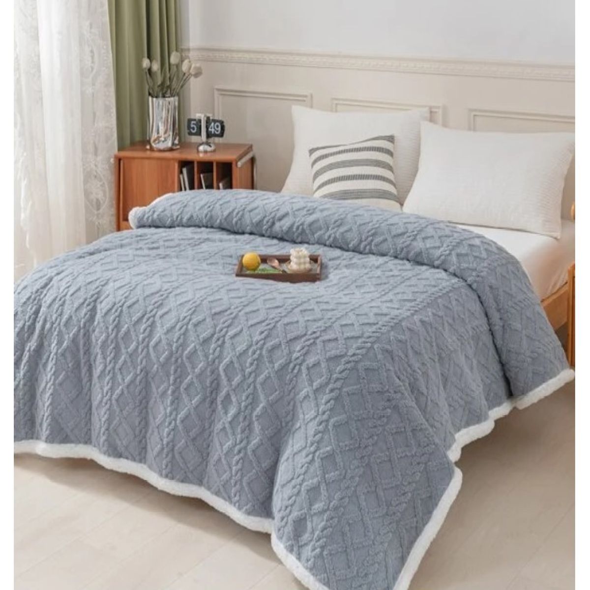 COMPRAPO - Frazada Manta Polar Sherpa Térmica 2 Plazas Trenzado Relieve Gris