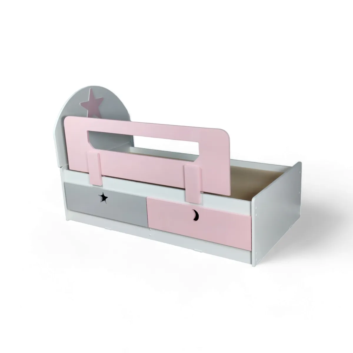 MUEBLES KIDS - cama de transicion 2 cajones ROSADA , GRIS estrella - luna