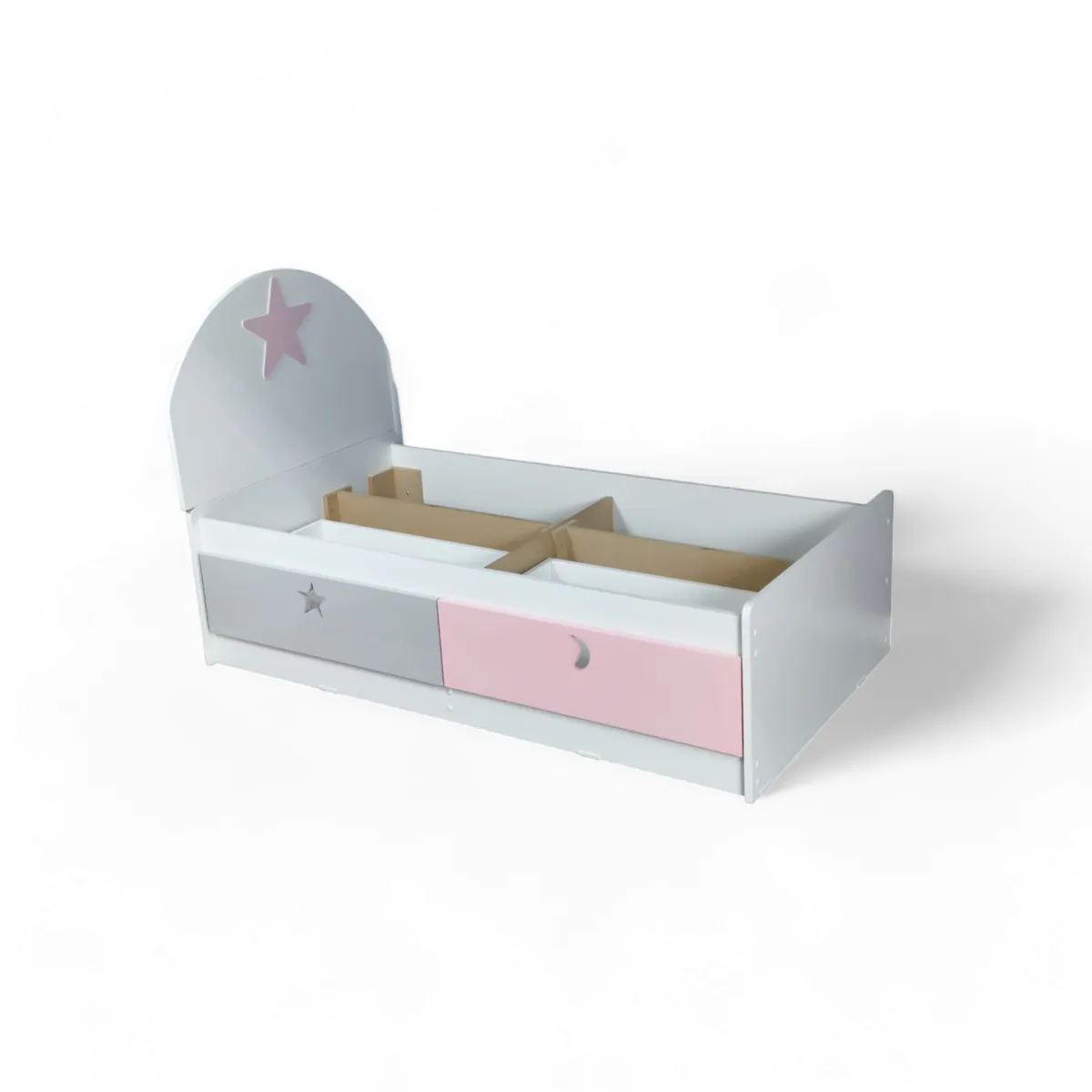 MUEBLES KIDS - cama de transicion 2 cajones ROSADA , GRIS estrella - luna