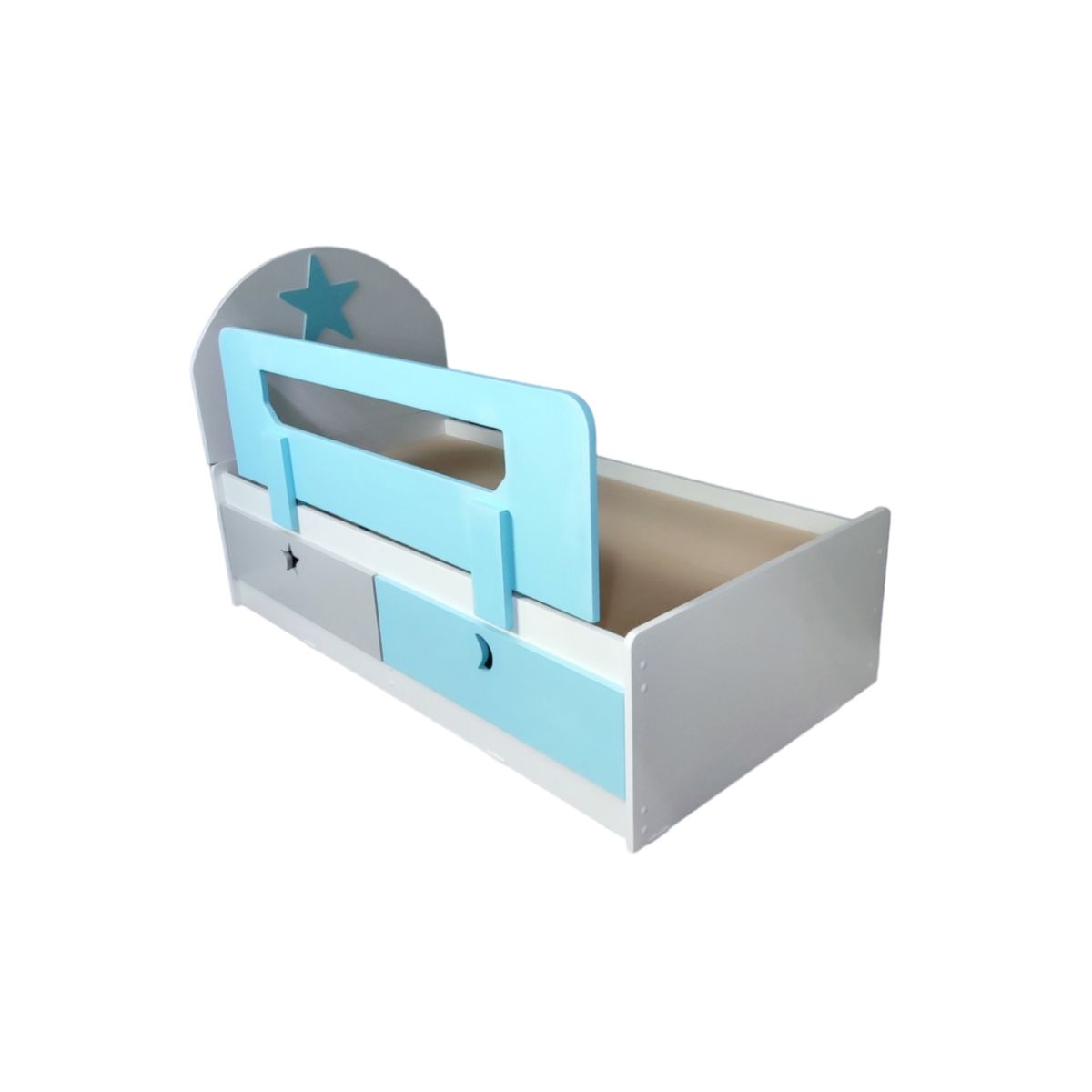 MUEBLES KIDS - cama de transicion 2 cajones CELESTE , GRIS estrella - luna