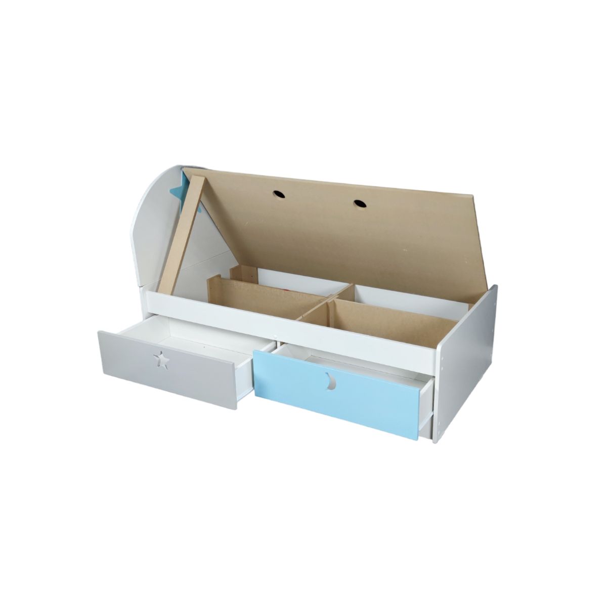 MUEBLES KIDS - cama de transicion 2 cajones CELESTE , GRIS estrella - luna