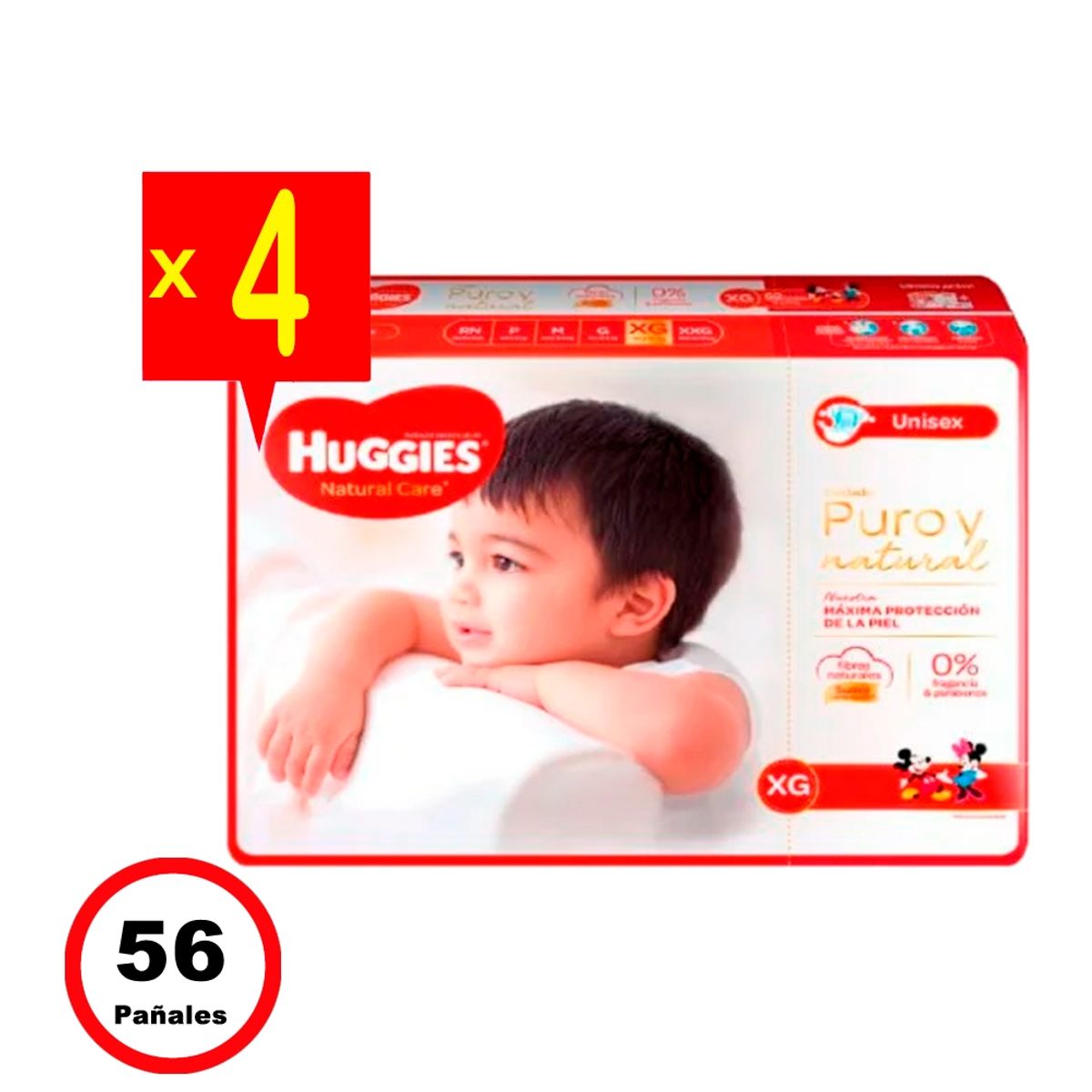 HUGGIES - Huggies Natural Care - 4 Paquetes - 14 Unid. C/U - Talla XG