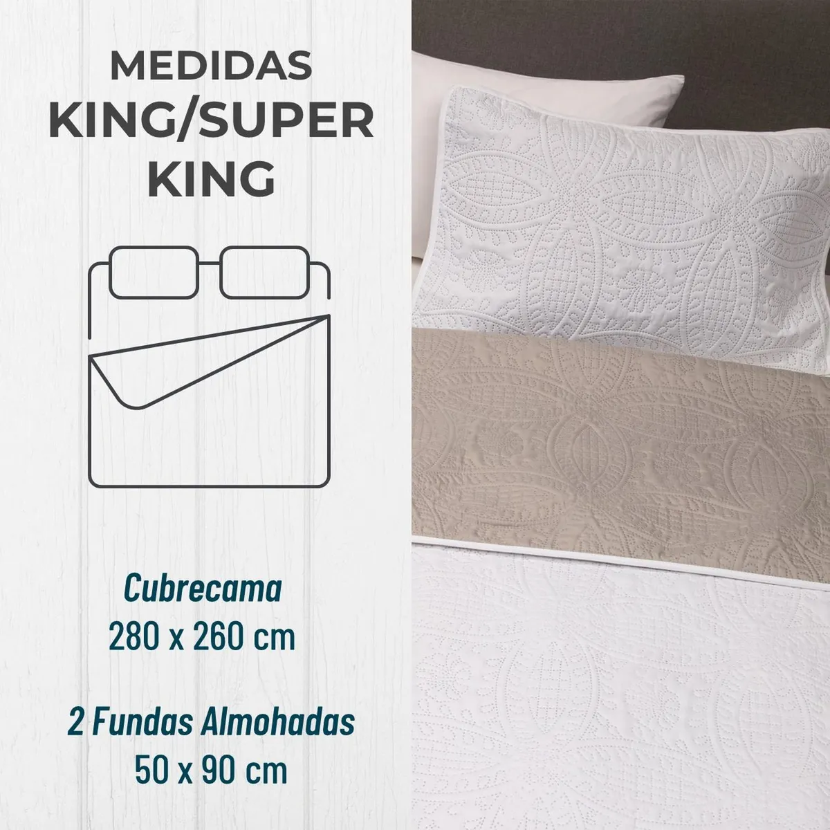 CASATUA - Cubrecama Quilt Reversible + fundas Almohada King/S King - Blanco - Super King