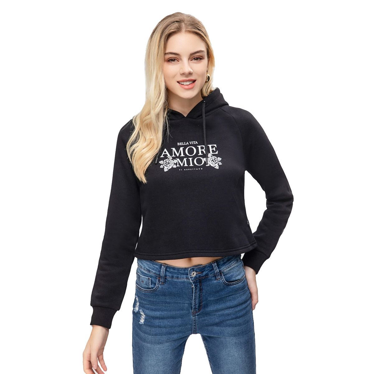 FASHION'S PARK - Polerón Mujer Crop Estampado Negro