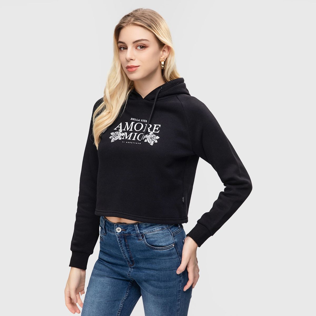 FASHION'S PARK - Polerón Mujer Crop Estampado Negro