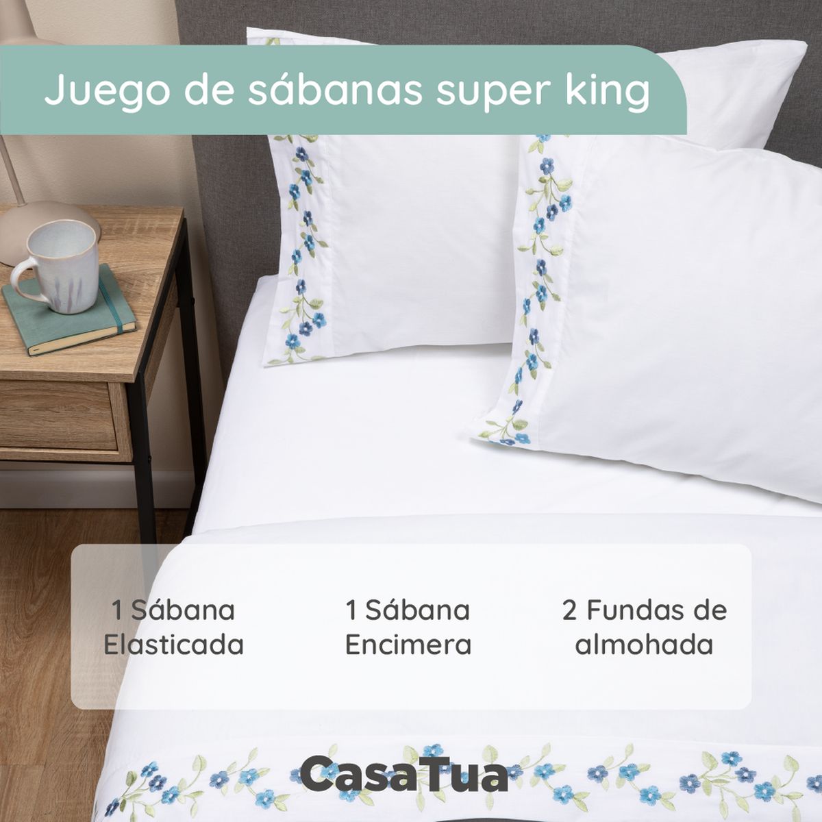 CASATUA - Sabanas Bordadas CasaTua + Fundas Almohada - Crema - Super king