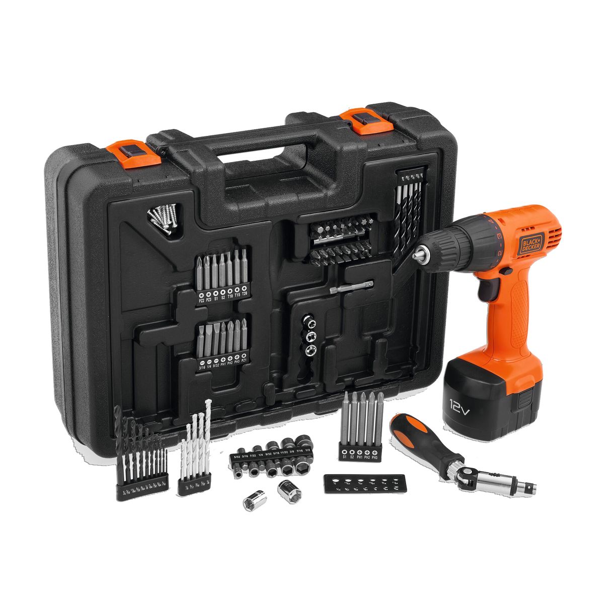 BLACK+DECKER - Kit Taladro atornillador 12V + 100 accesorios BLACK+DECKER