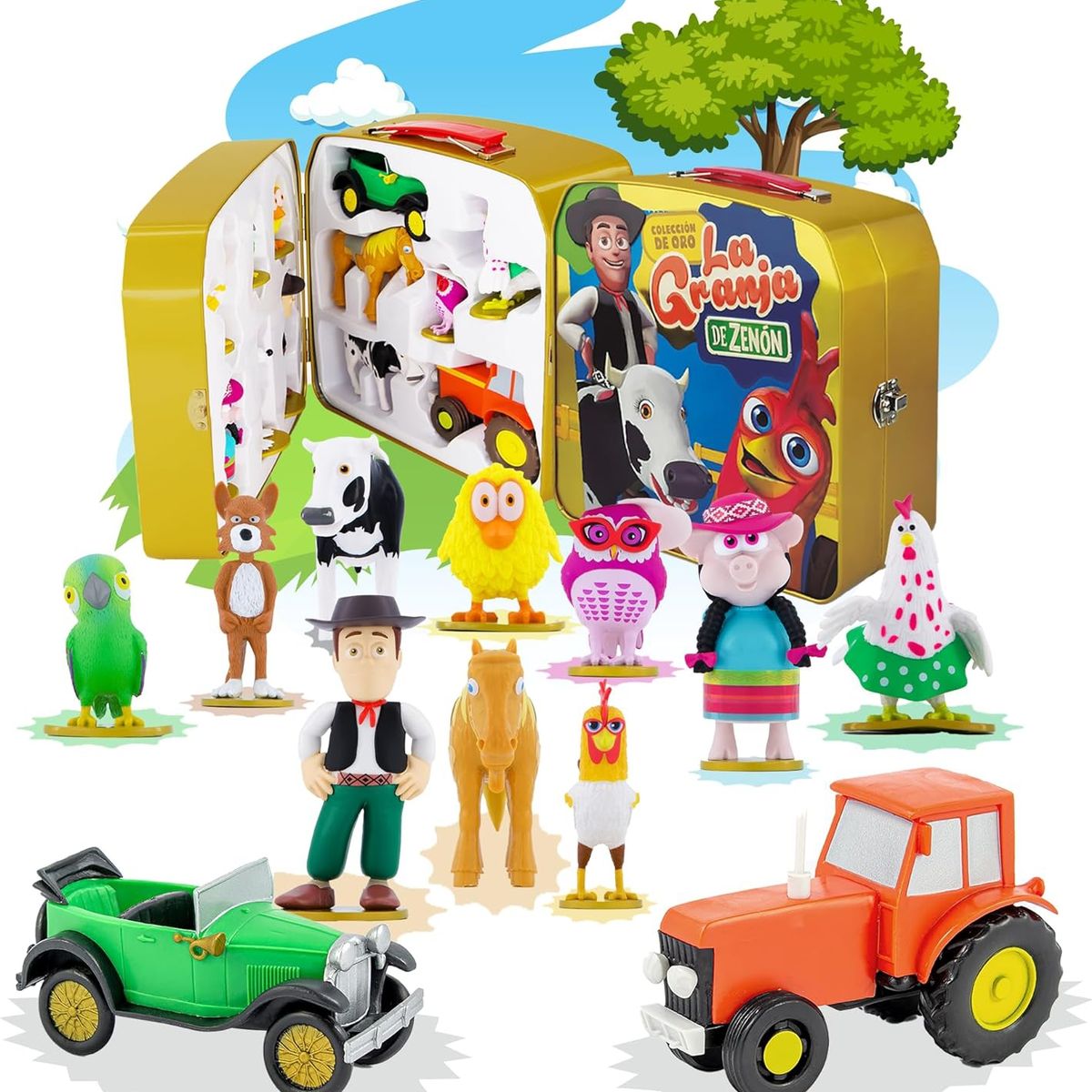 LA GRANJA DE ZENON - La Granja de Zenón, Set 12 Figuras de Juguete, Incluye los Animales de la Granja + Lonchera Metálica