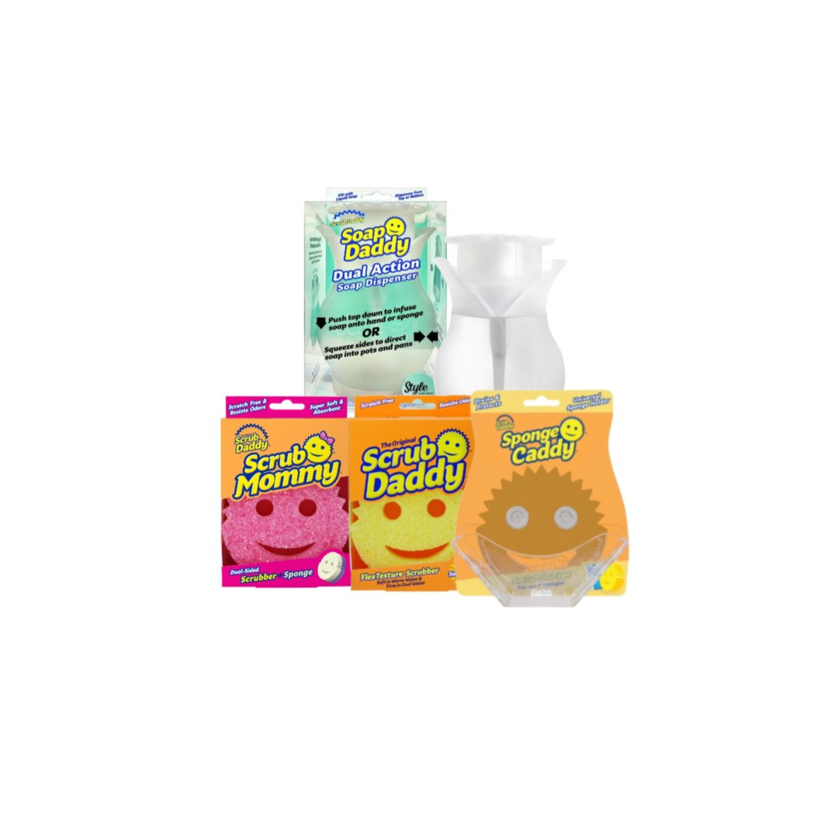 SCRUB DADDY - Scrub Daddy + Scrub Mommy + Soap Daddy + Sponge Caddy SCRUB DADDY