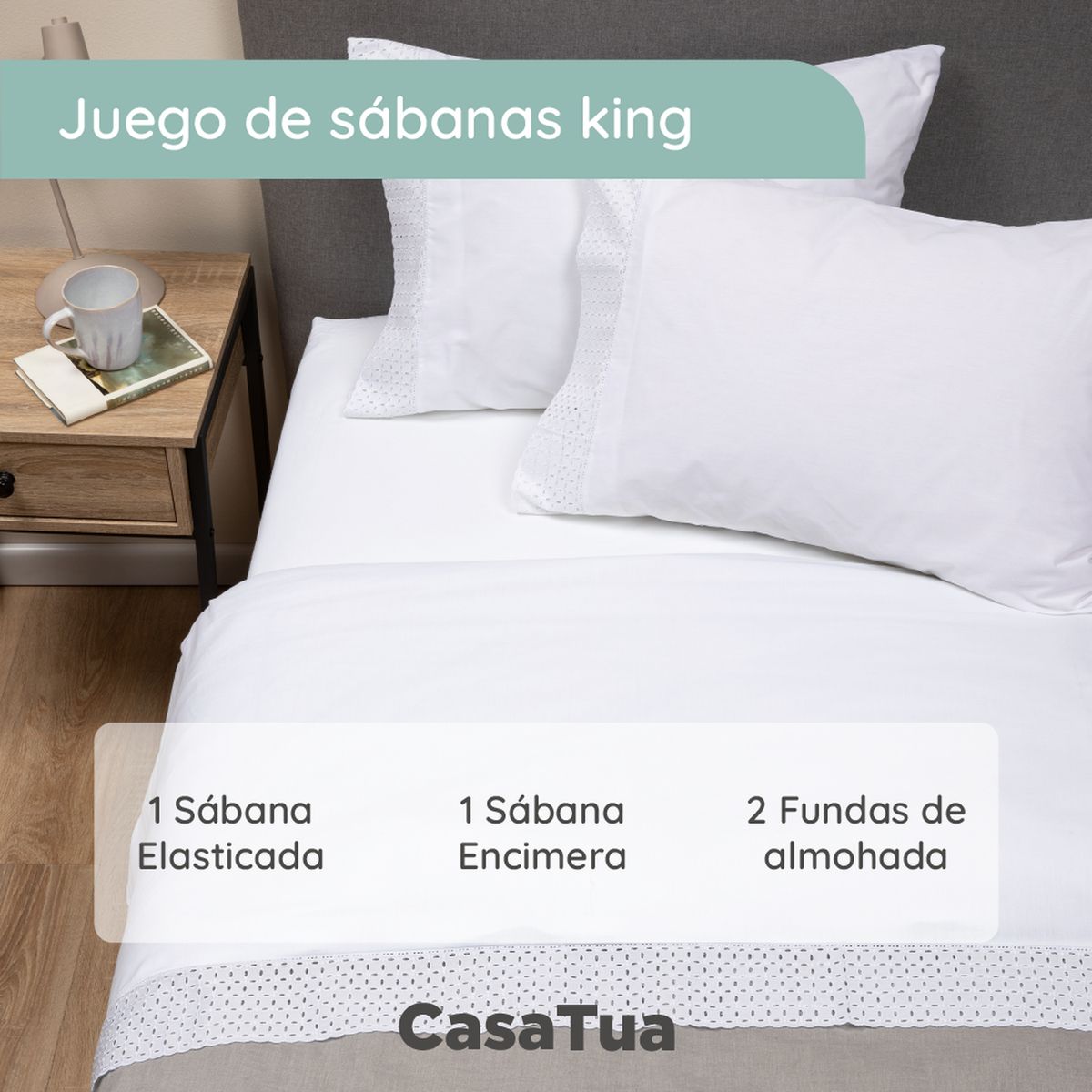 CASATUA - Sabanas Bordadas CasaTua + Fundas Almohada - Blanco - king