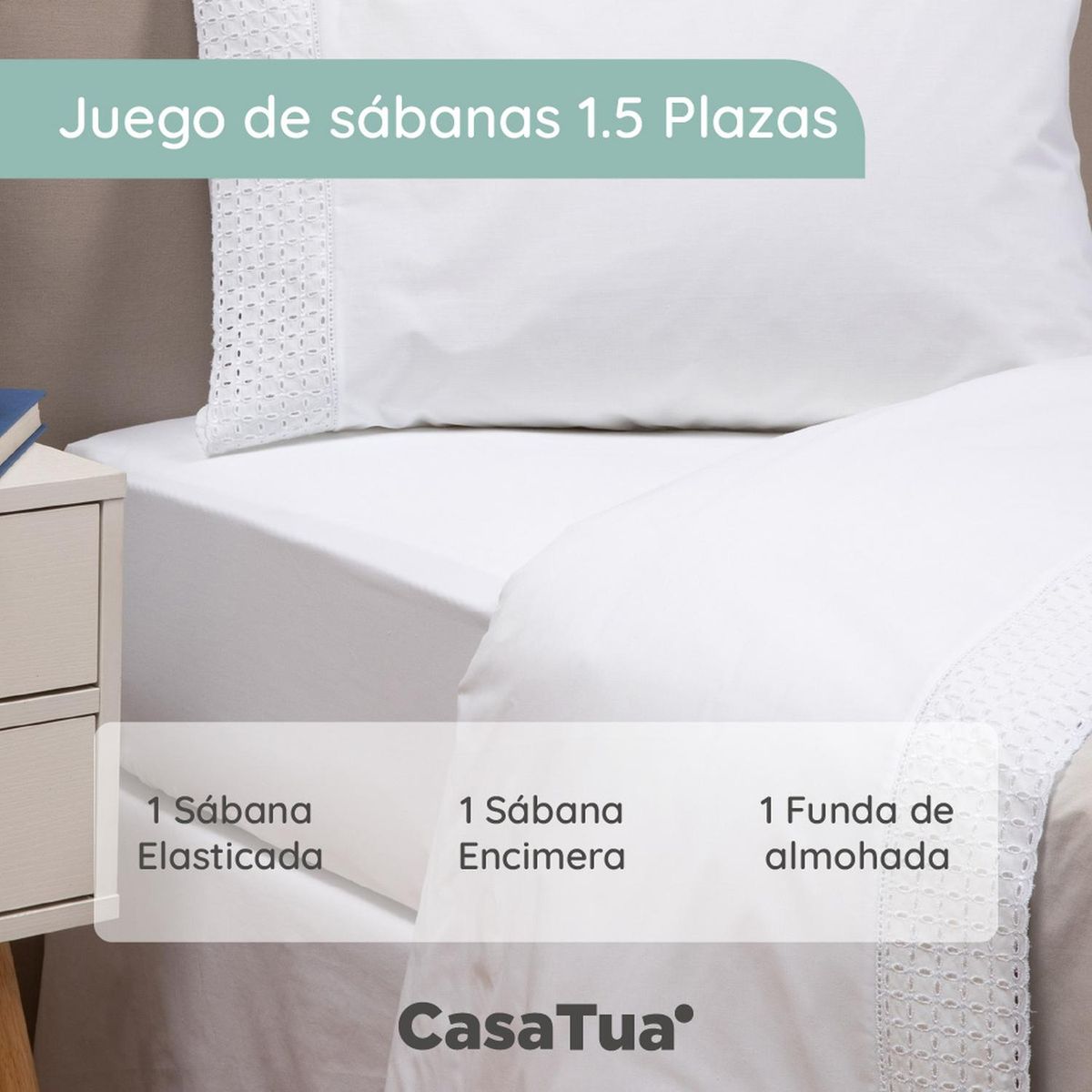CASATUA - Sabanas Bordadas  CasaTua + Funda Almohada - Blanco - 1,5 plazas