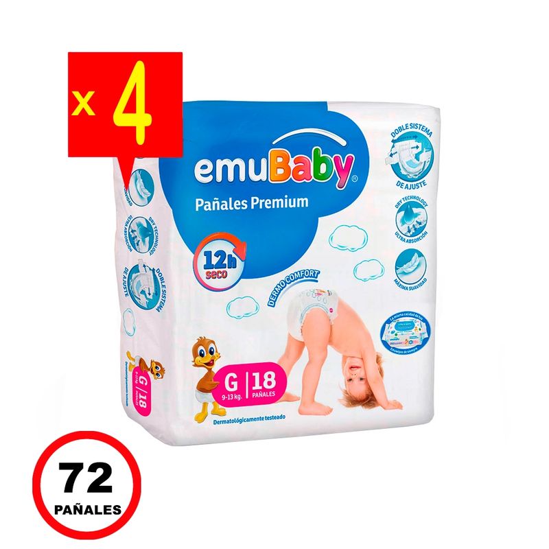 EMUBABY - Pañales Emubaby Premium Manga X4 - 18 Und. C/U - Talla G