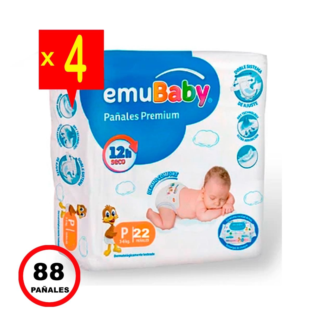 EMUBABY - Pañales Emubaby Premium Manga X4 - 22 Und. C/U - Talla P