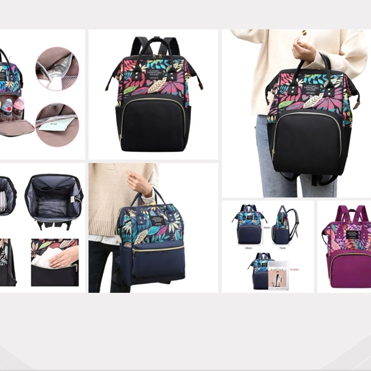 GENERICO - Mochila Maternal Con Bolsillo Delantero Estampado En Hojas