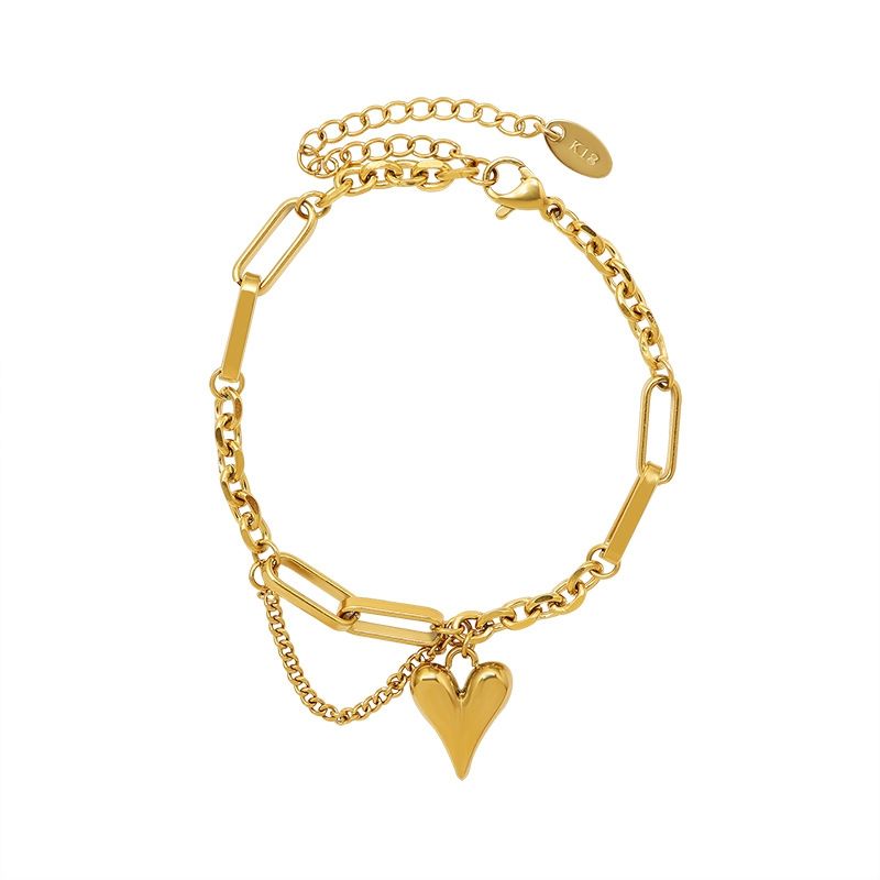 LUX JOYAS - Pulsera Baño Oro Amarillo 18k Doble Diseño Corazón Cadena