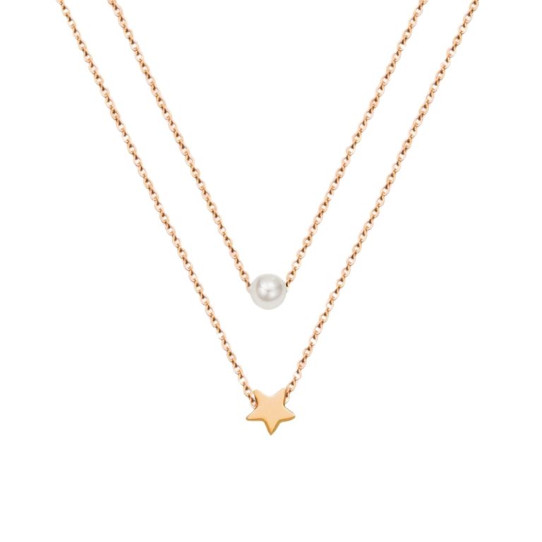 Collar Bano Oro Rosado 18k Doble Perla Estrella Dorado TALLA UNICA
