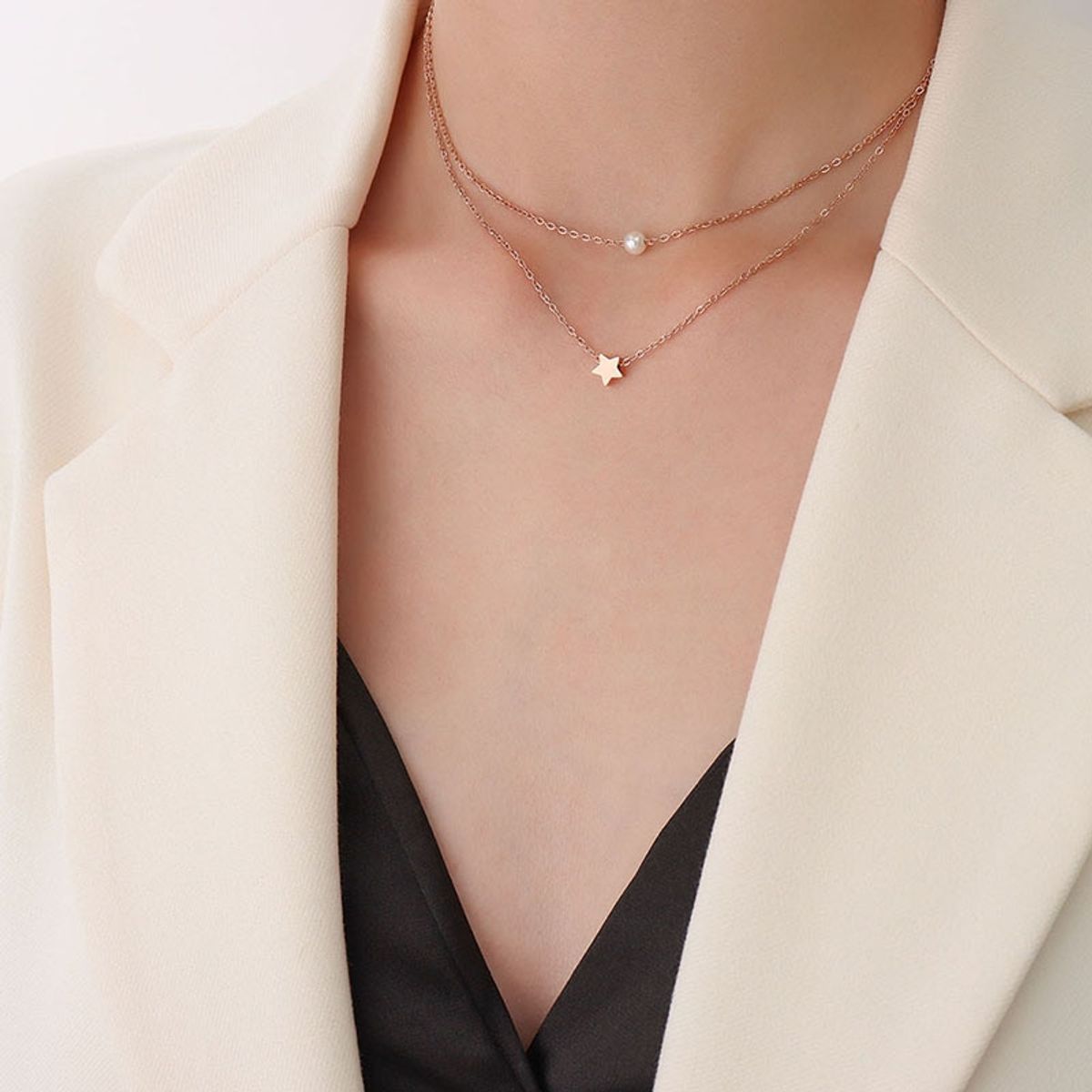LUX JOYAS - Collar Baño Oro Rosado 18k Doble Perla Estrella