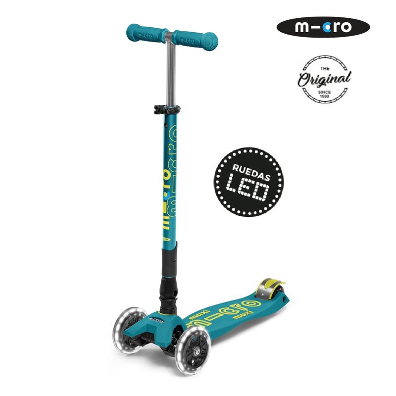 MICRO - Scooter Micro Maxi Deluxe PLEGABLE LED Verde Petróleo, Niños 5 a 12 años