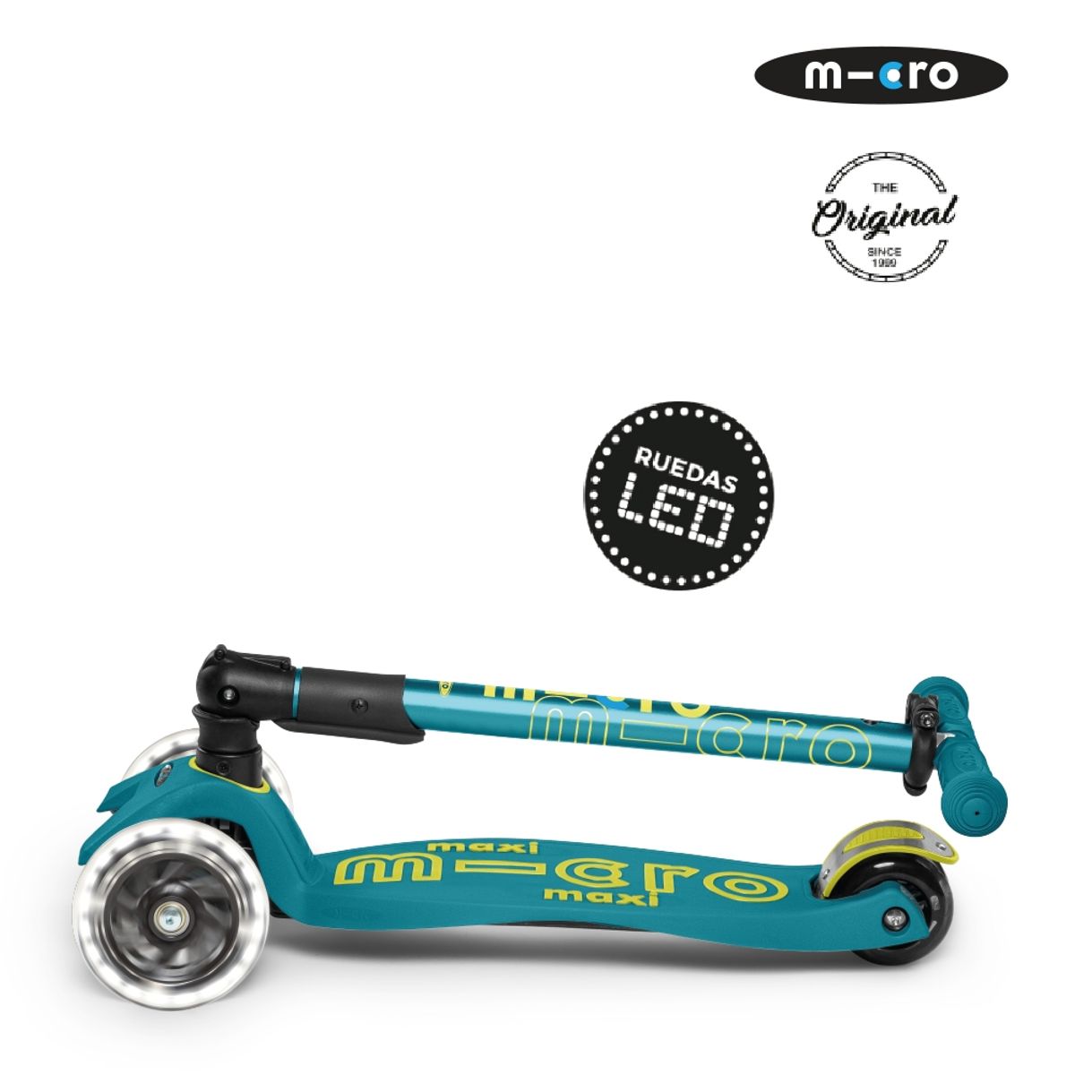 MICRO - Scooter Micro Maxi Deluxe PLEGABLE LED Verde Petróleo, Niños 5 a 12 años