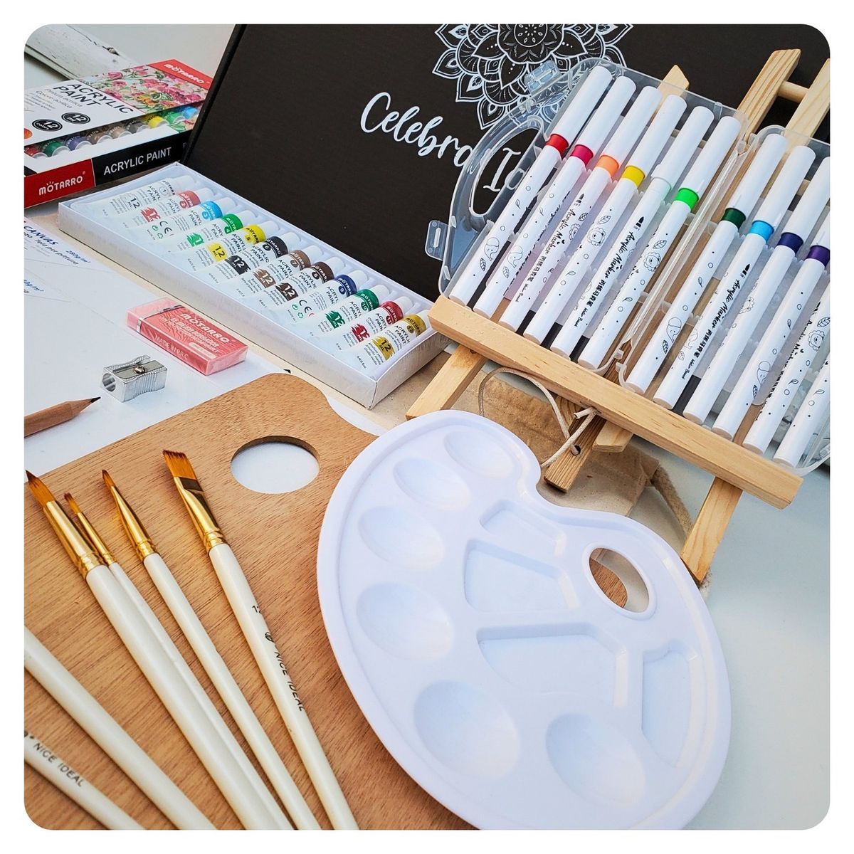 CELEBRA IDEAS - Set Arte kit pinturas acrílicas con marcadores atril lienzos