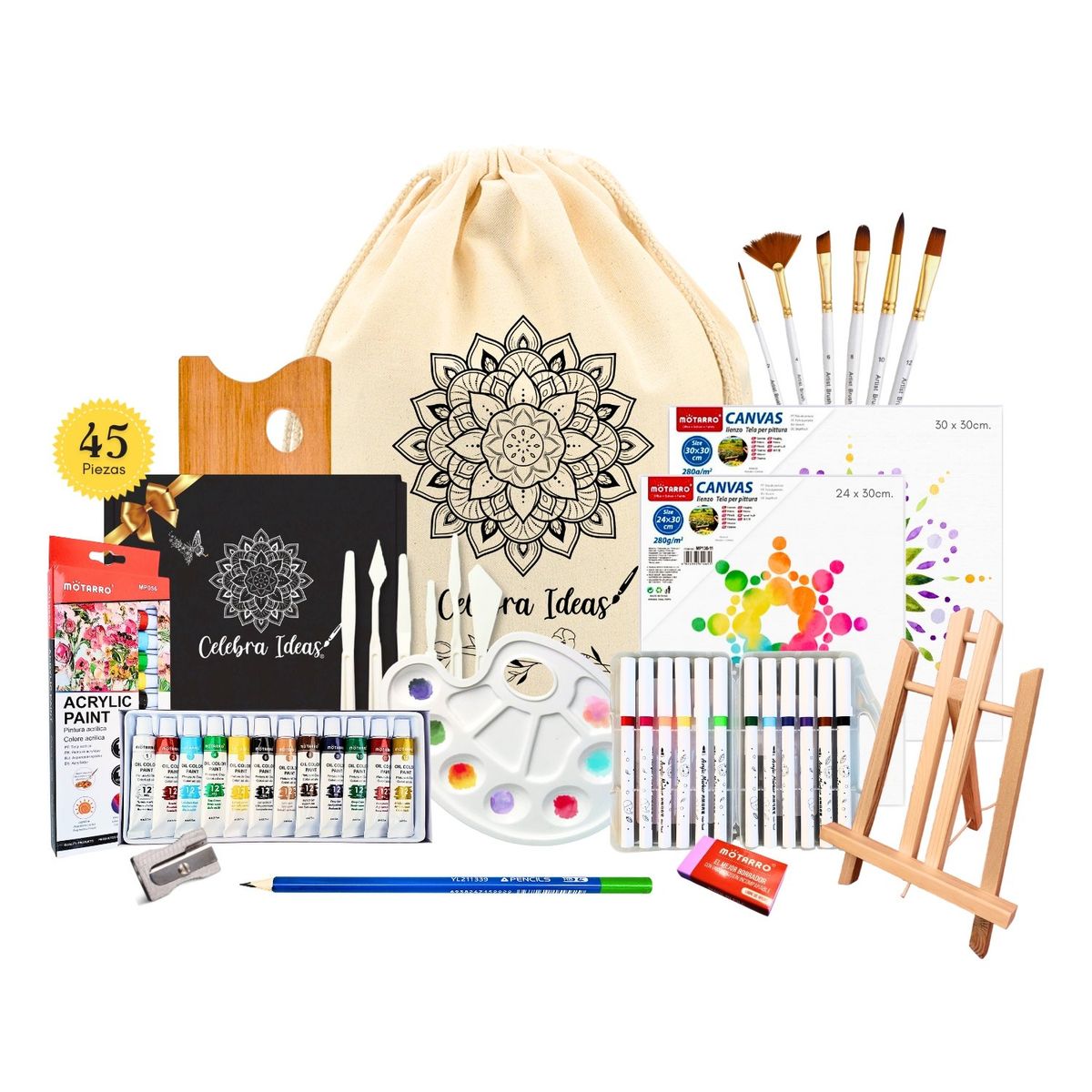 CELEBRA IDEAS - Set Arte kit pinturas acrílicas con marcadores atril lienzos