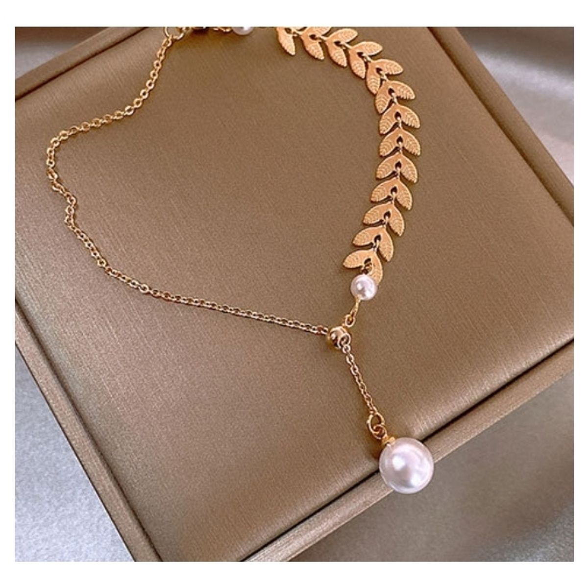 LUX JOYAS - Collar Baño Oro Rosado 18k Perla Hojas Ajustable