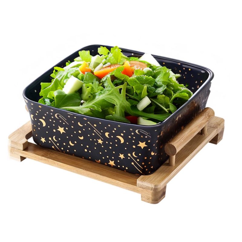 SANTU HOME & DECO - Bowl Ensaladera Fuente Cuadrada De Cerámica Negro Con Soporte