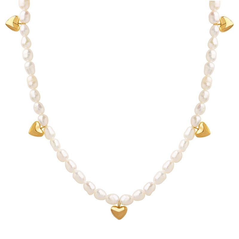 LUX JOYAS - Collar Baño Oro Amarillo 18k Choker Perlas Agua Dulce Corazones