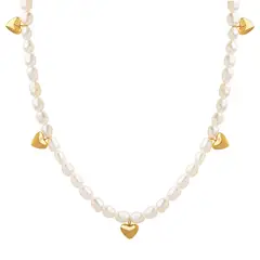 LUX JOYAS - Collar Baño Oro Amarillo 18k Choker Perlas Agua Dulce Corazones