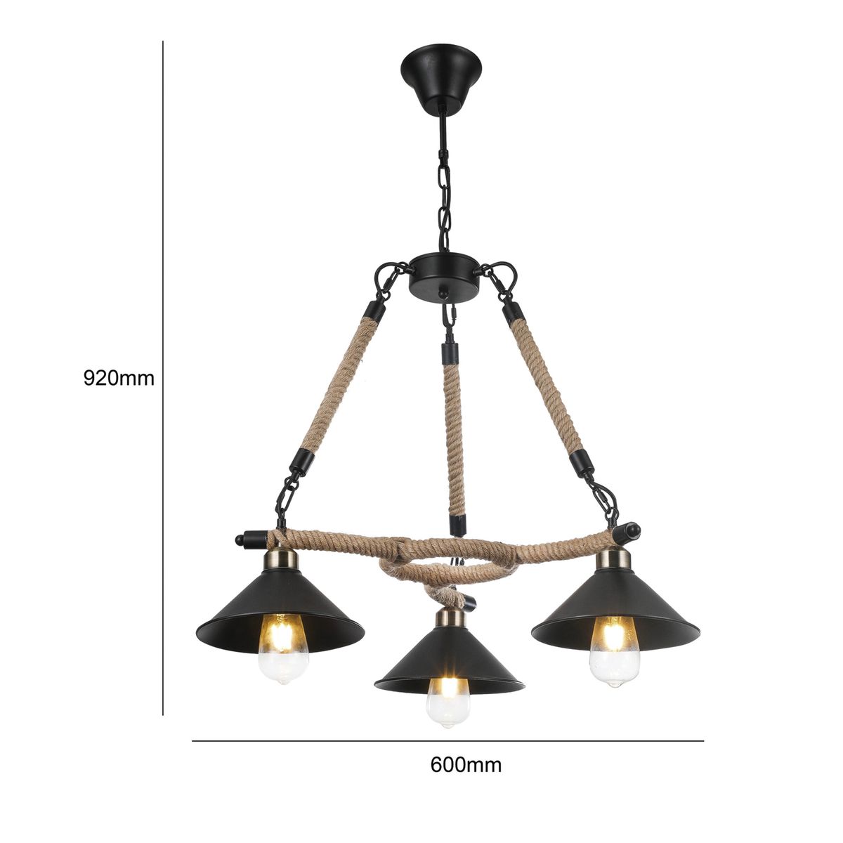 HB LEDS - Lámpara Colgante Triple Cáñamo Industrial Porta E-27 Incluye Ampolleta