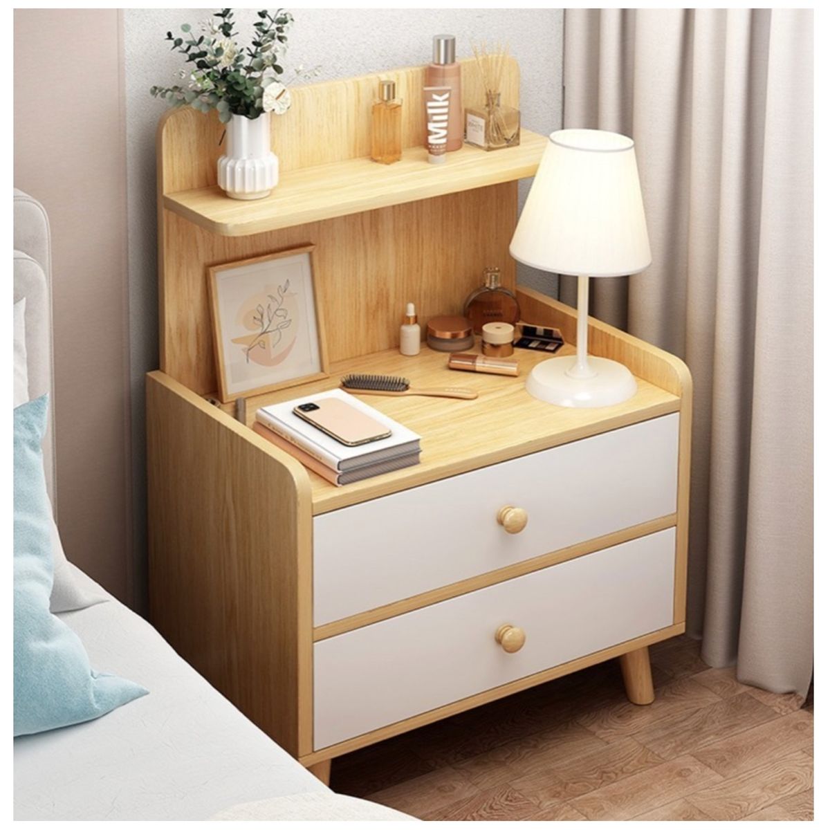 HOMER DESIGN - Velador Vanguardia 2 Cajones Bicolor 45*40*70 Con Respaldo