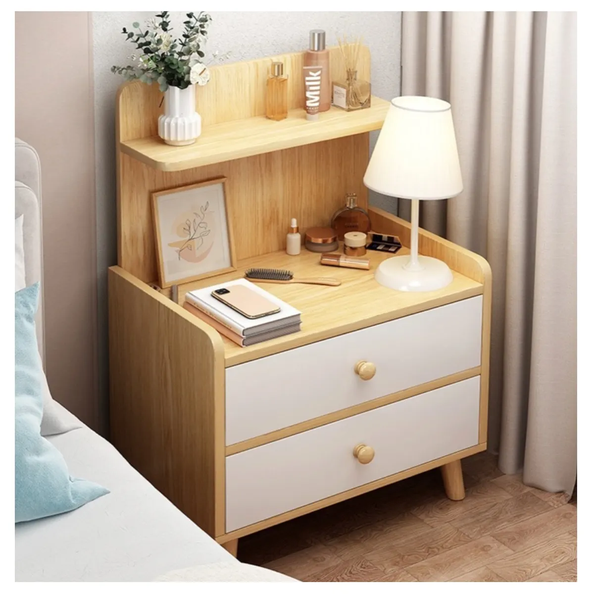 HOMER DESIGN - Velador Vanguardia 2 Cajones Bicolor 45*40*70 Con Respaldo