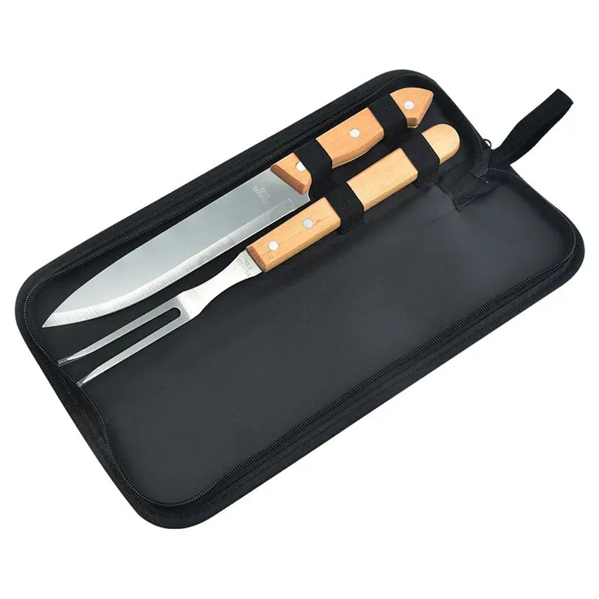 GENERICO - Set parrillero de 2 piezas con estuche de acero inoxidable y mango de madera