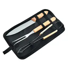 GENERICO - Set parrillero de 3 piezas con estuche de acero inoxidable y mango de madera