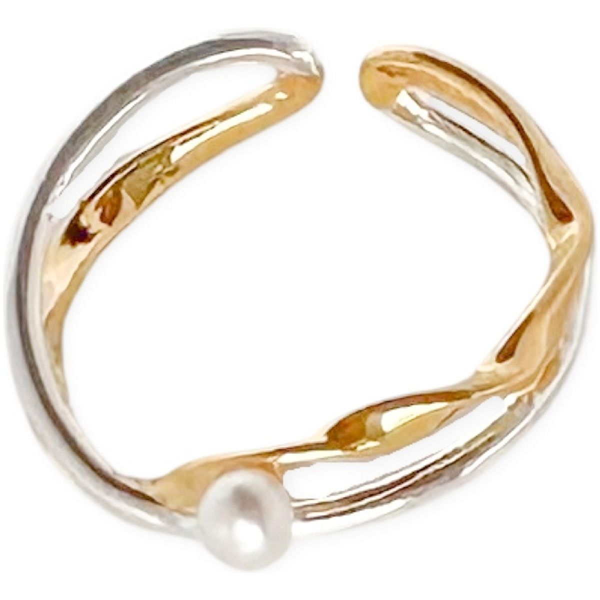 GENERICO - Anillo Juvenil Cruzado Bicolor Perla Plata S925 Baño Oro