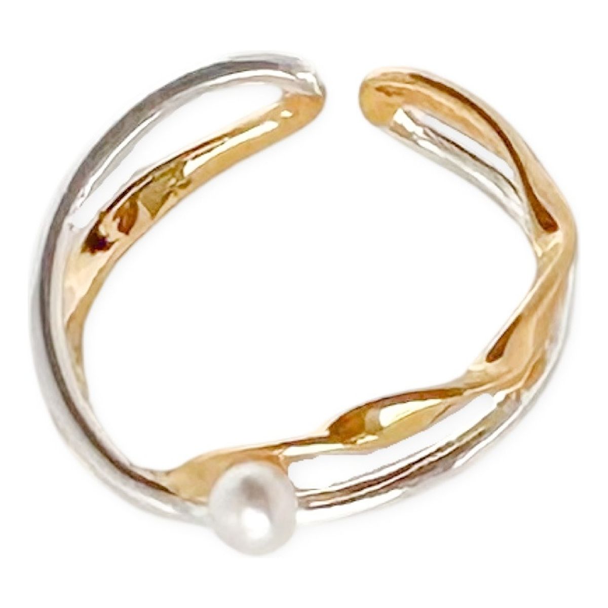 GENERICO - Anillo Juvenil Cruzado Bicolor Perla Plata S925 Baño Oro