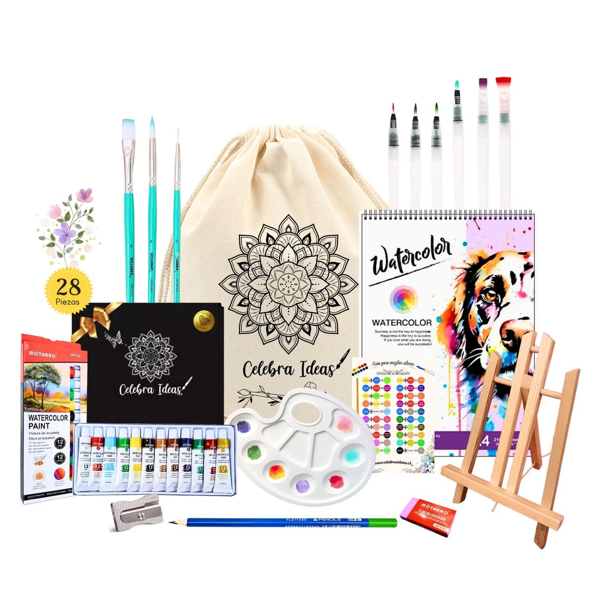 CELEBRA IDEAS - Set kit de Arte Pinturas Acuarelas pack artistico 28 piezas